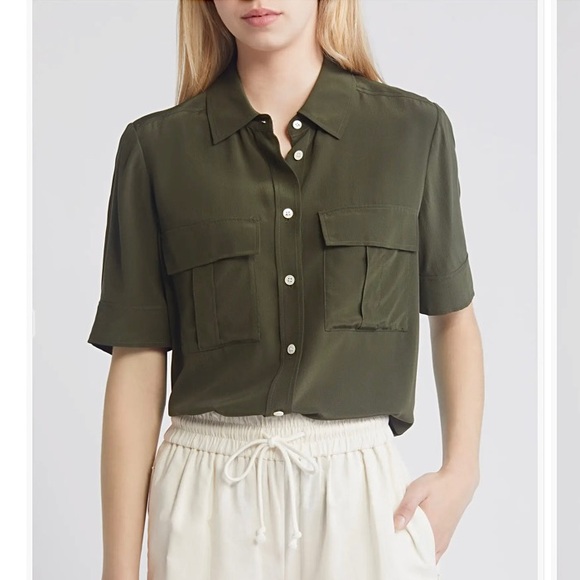 Frame Denim Tops - FRAME Silk Short Sleeve Flap Pocket Button Up Shirt Blouse Military Green LG